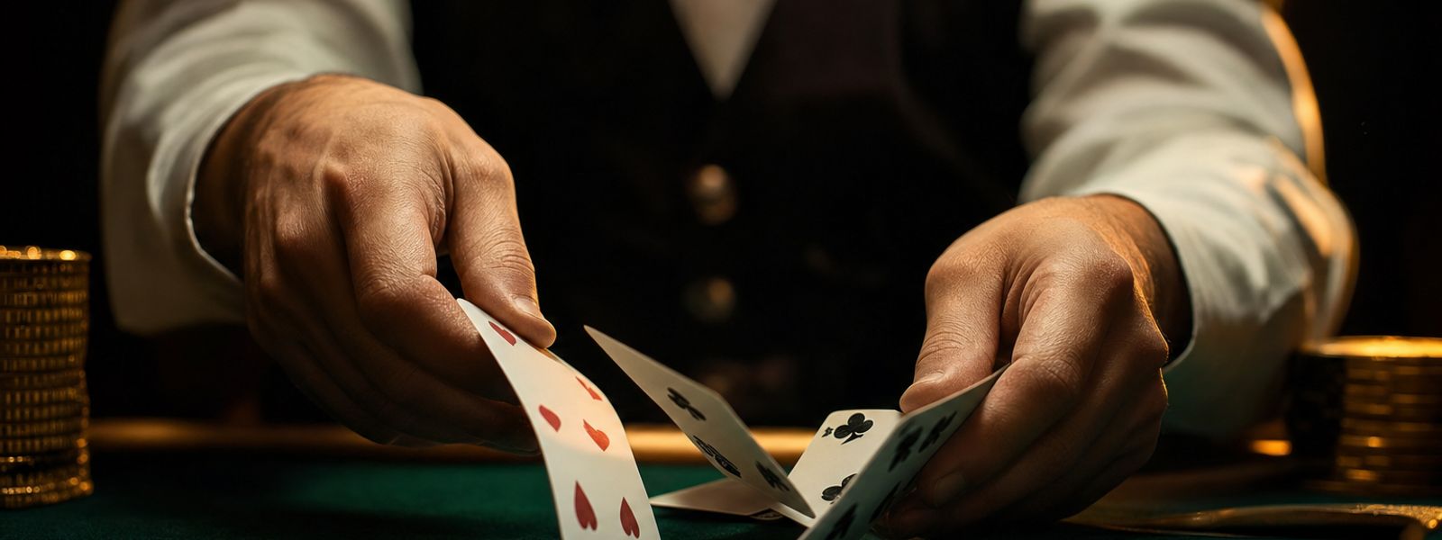 Manos del crupier repartiendo cartas sobre el fieltro verde