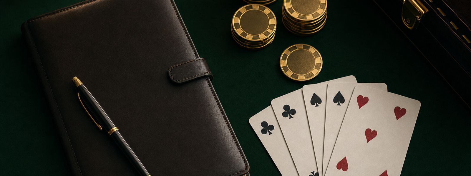 Cartas, fichas de oro y una libreta de estrategia sobre el fieltro verde