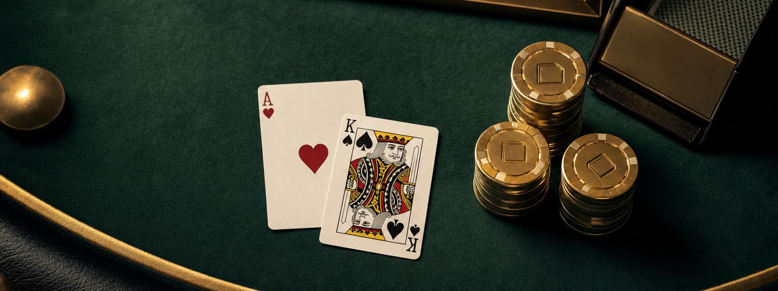 Una mano ganadora de blackjack con fichas de oro sobre el fieltro verde