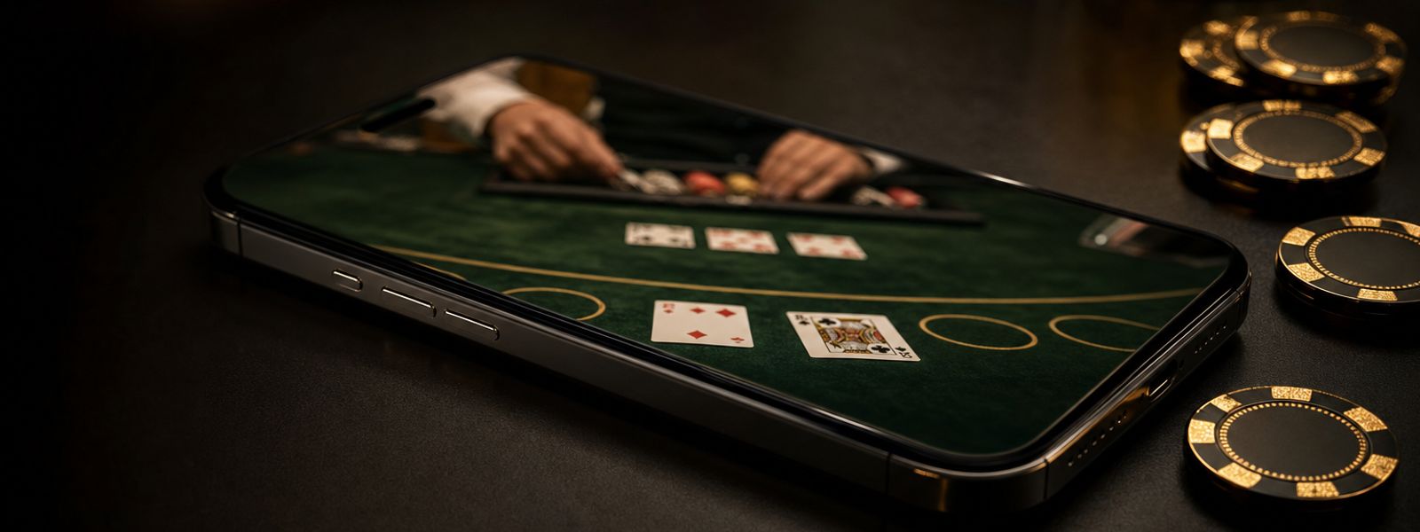 Un móvil mostrando una mesa de blackjack en vivo junto a fichas de oro