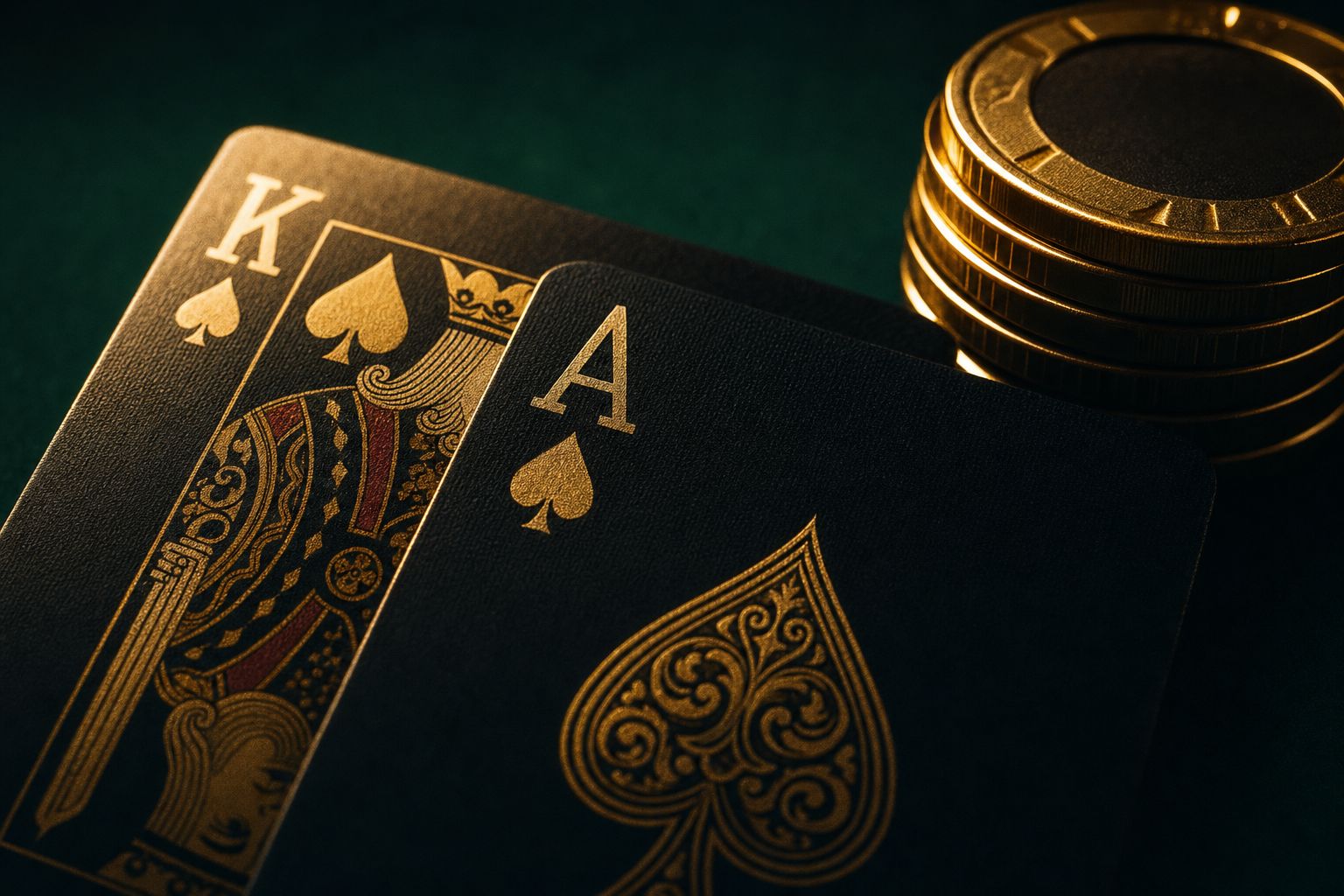 Un as y un rey sobre el fieltro verde, la mejor mano de blackjack