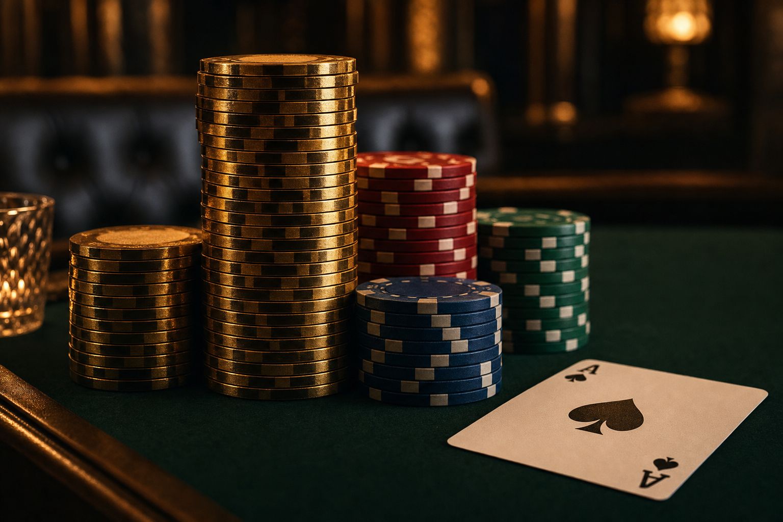 Altas pilas de fichas de casino junto a una carta sobre el fieltro