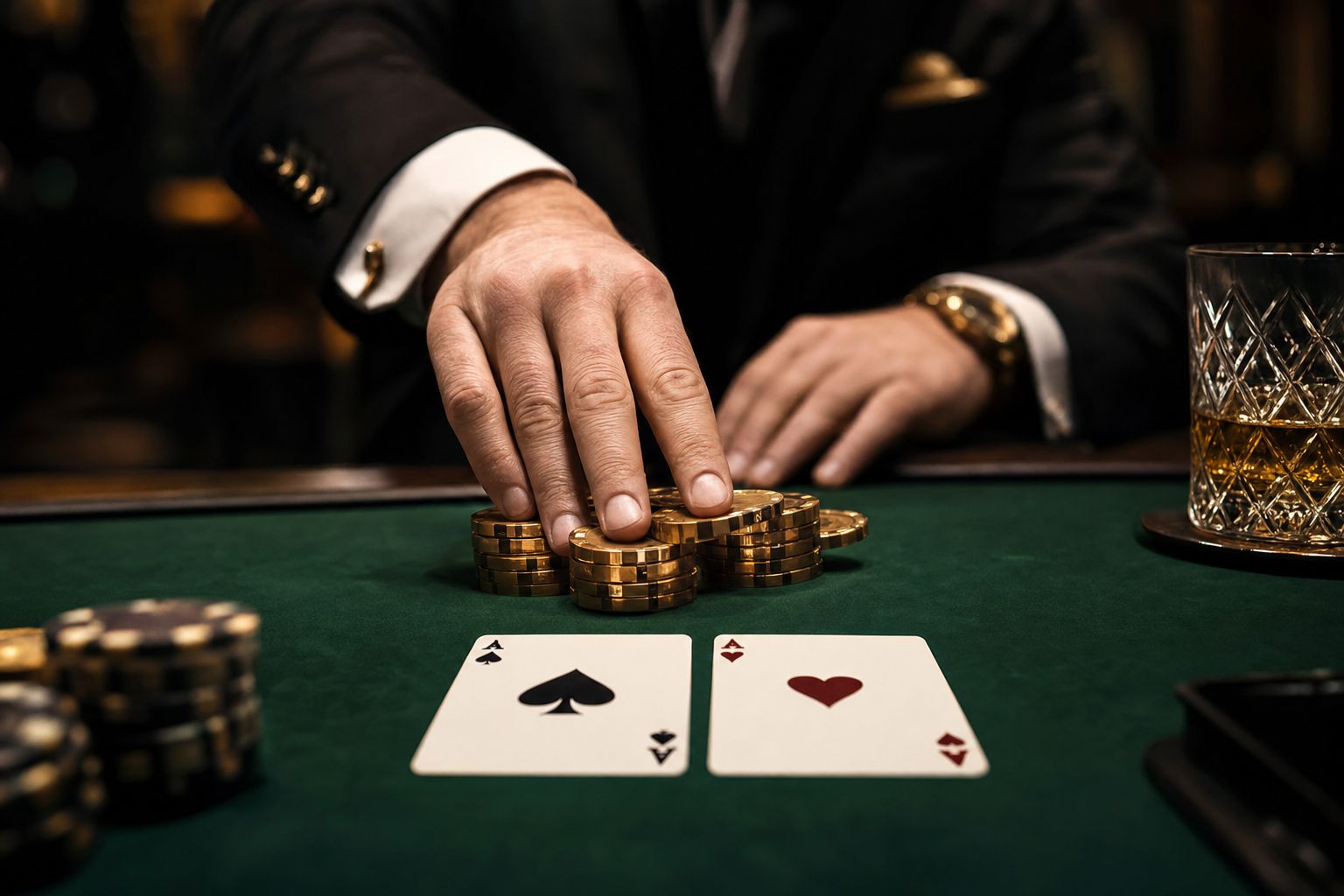 Par de cartas dividido con fichas de oro empujadas hacia delante