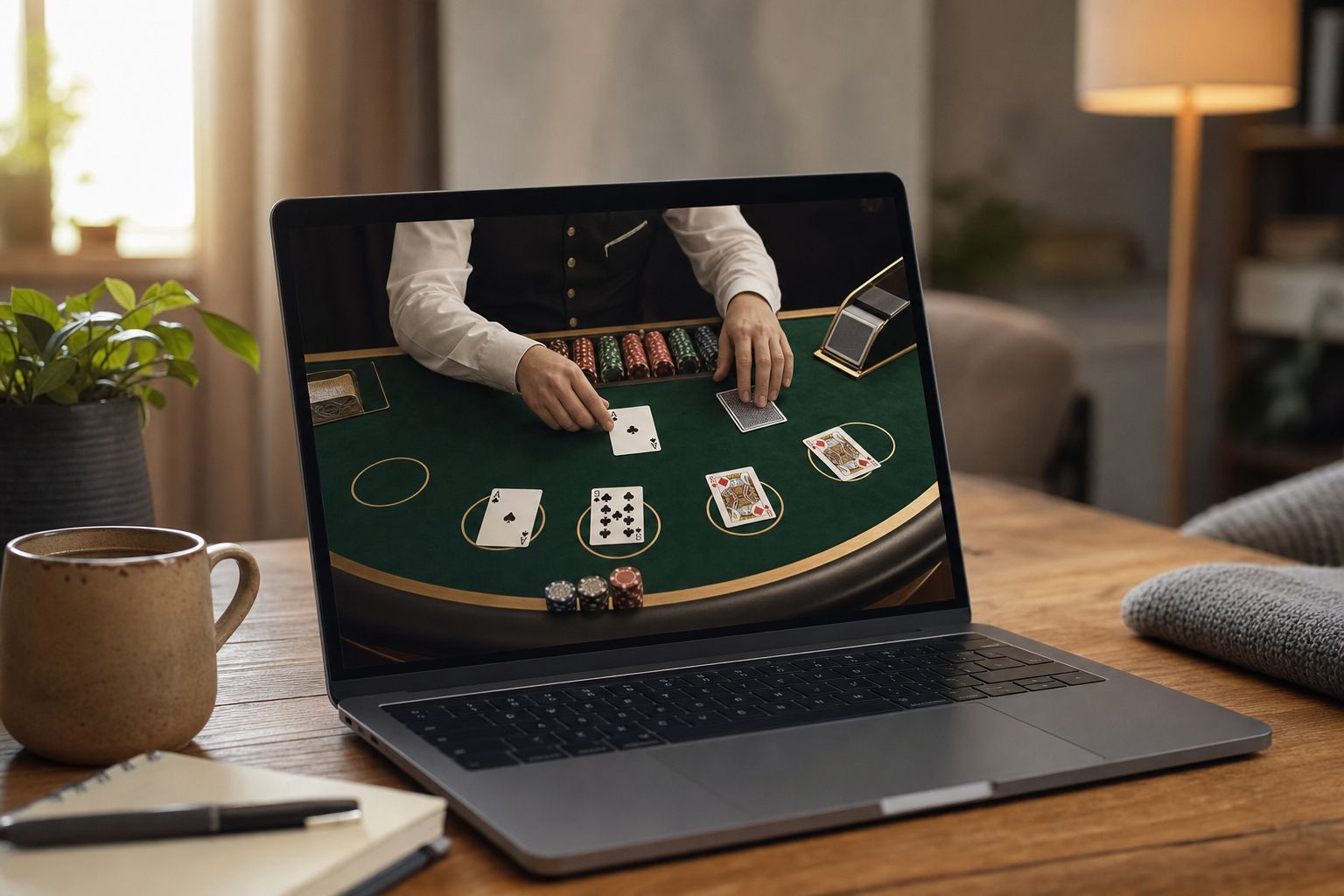 Un portátil mostrando una mesa de blackjack, ambiente relajado
