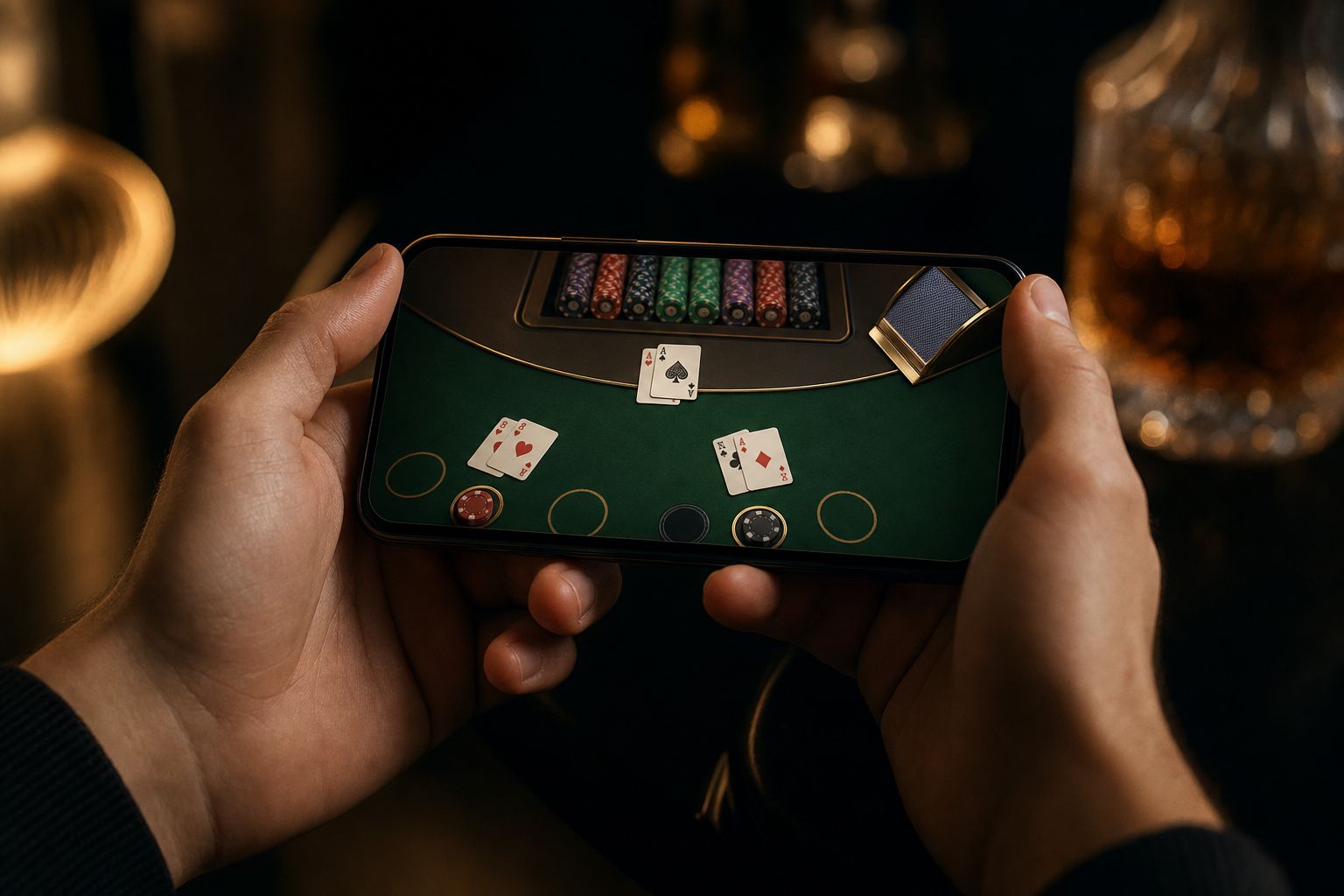 Manos sosteniendo un móvil con una mesa de blackjack en pantalla