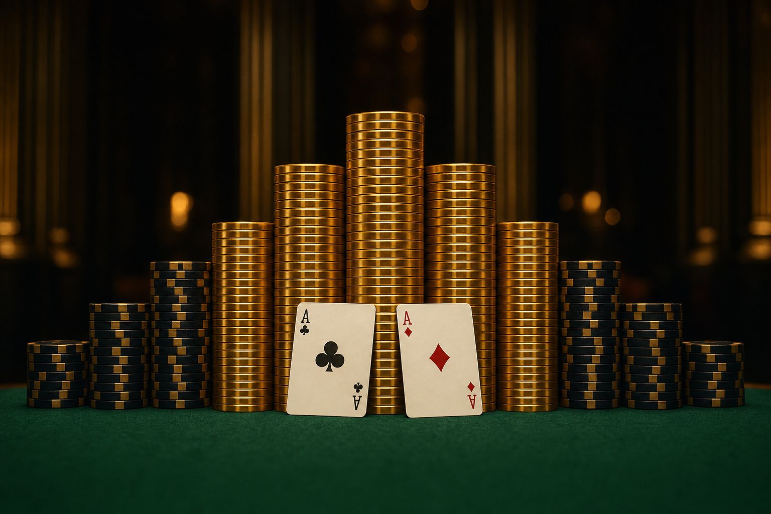 Pilas simétricas de fichas junto a dos cartas sobre el fieltro
