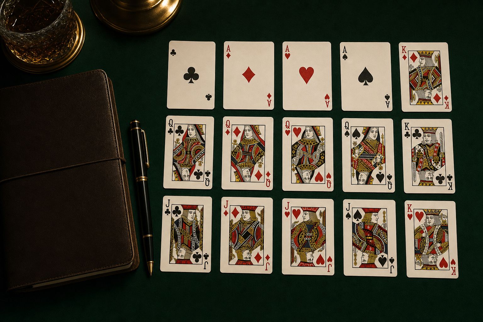 Cartas dispuestas en cuadrícula junto a una libreta de estrategia