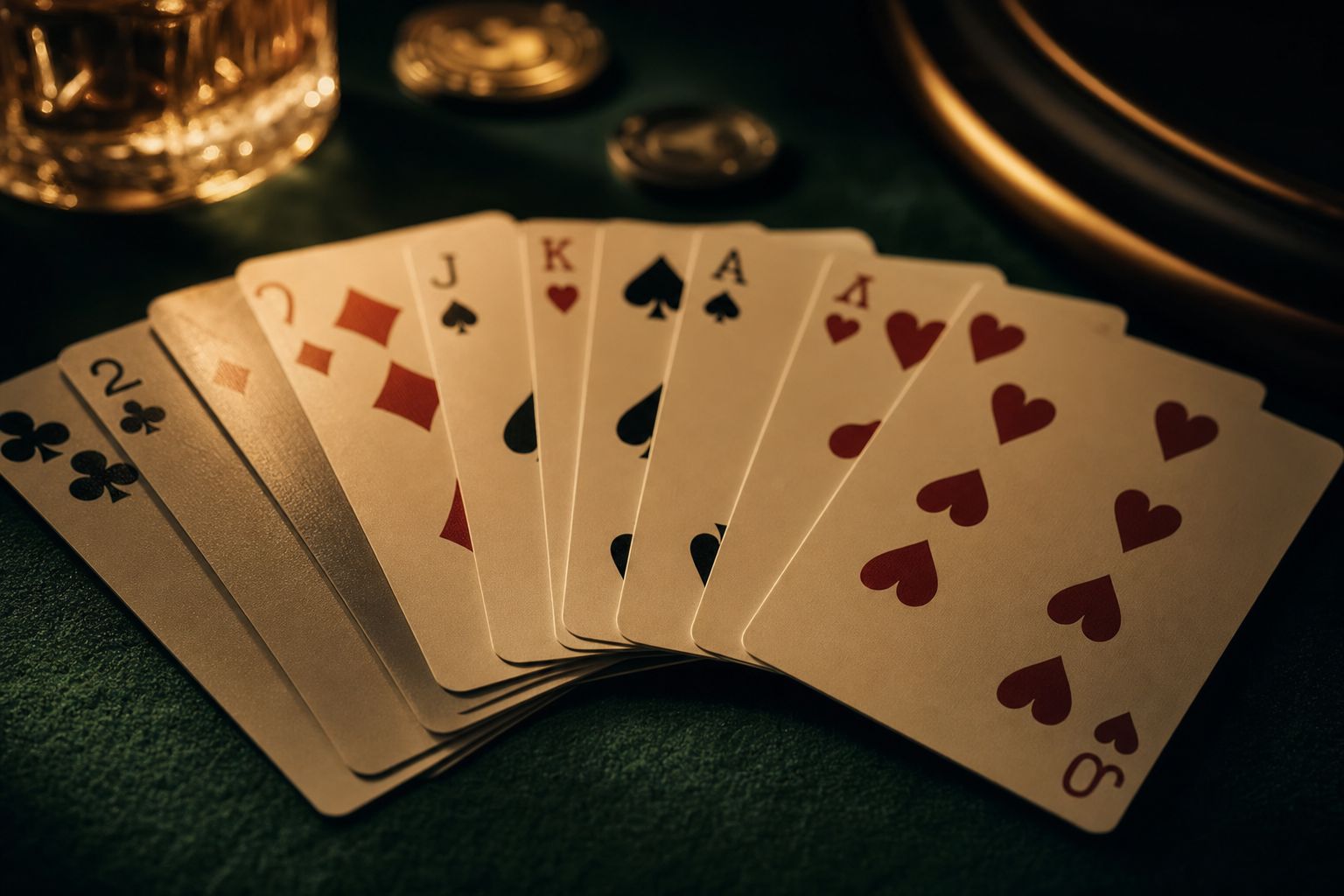 Abanico de cartas de distintos valores sobre fieltro verde